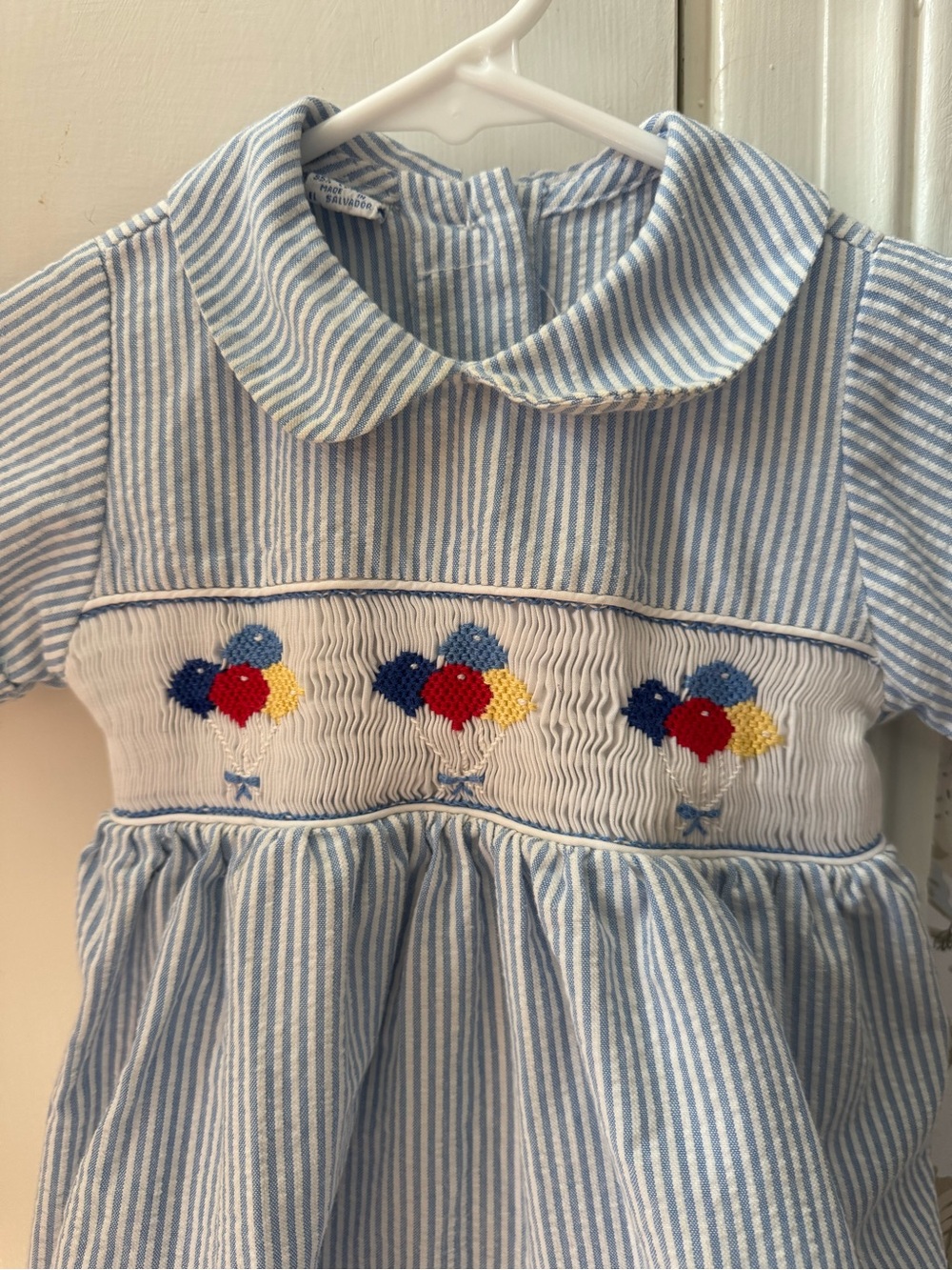 Smocked Blue & White Striped Baby Romper with Balloon Embroidery. Size 24mth